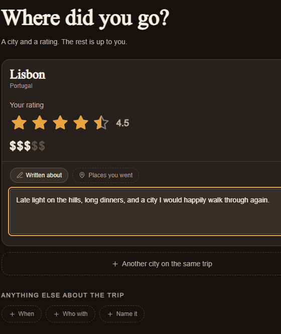 Cityhoppd trip logger with Lisbon selected, a rating, cost and an open review field